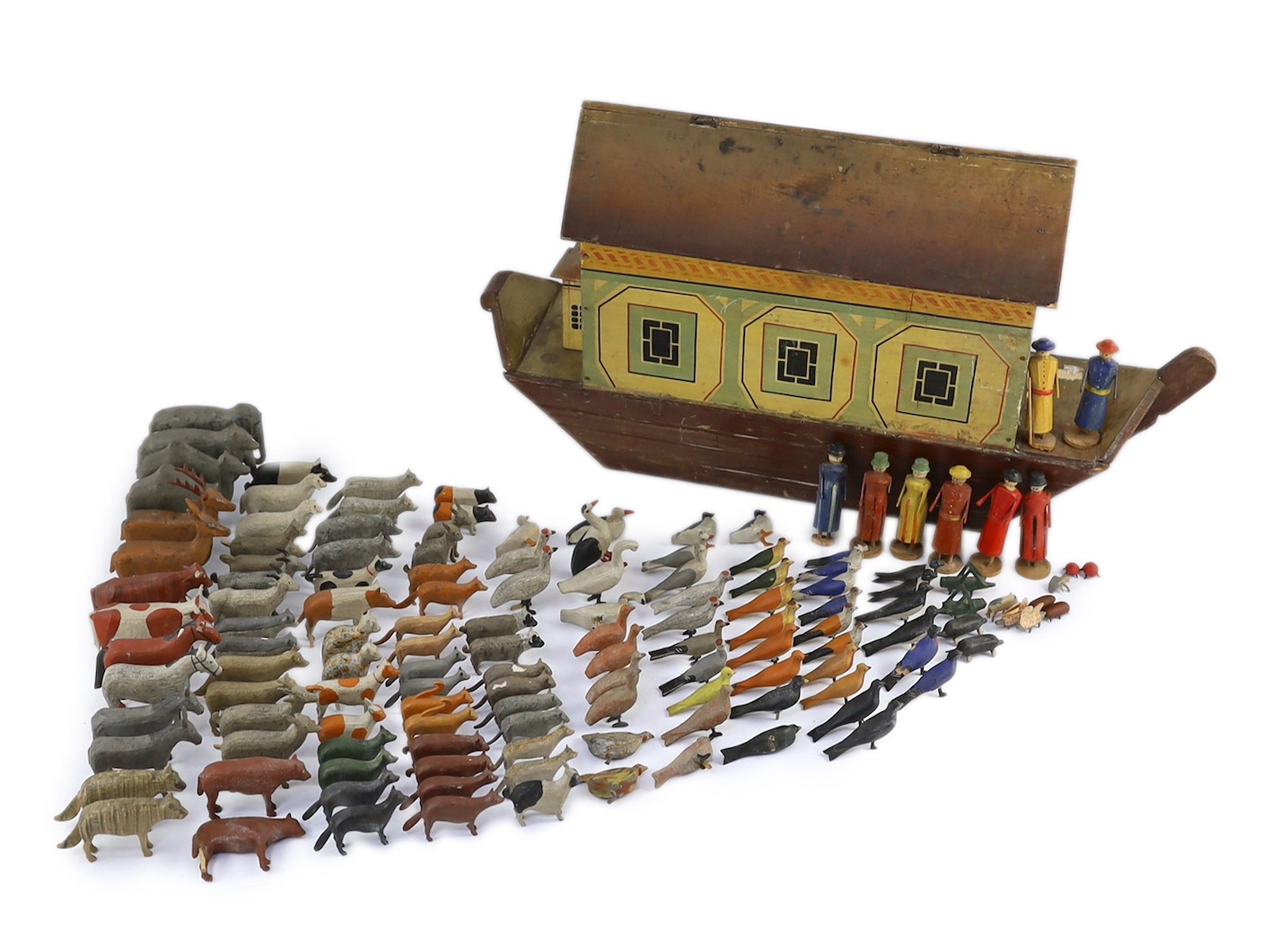 A late 19th century German painted wood Noah's Ark with 136 assorted figures and animals, 14cm wide, 54cm long, 30cm high, largest figure 8cm